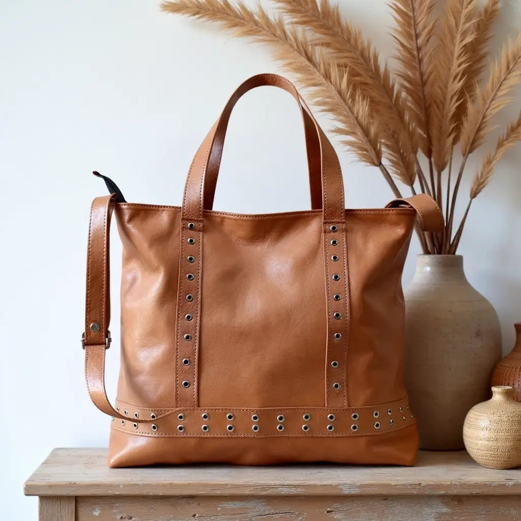 Artisanal Tan Leather Shopper Bag with Studded Rivet Detail image 8