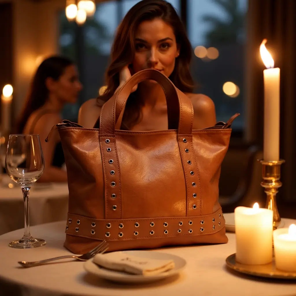 Artisanal Tan Leather Shopper Bag with Studded Rivet Detail image 3