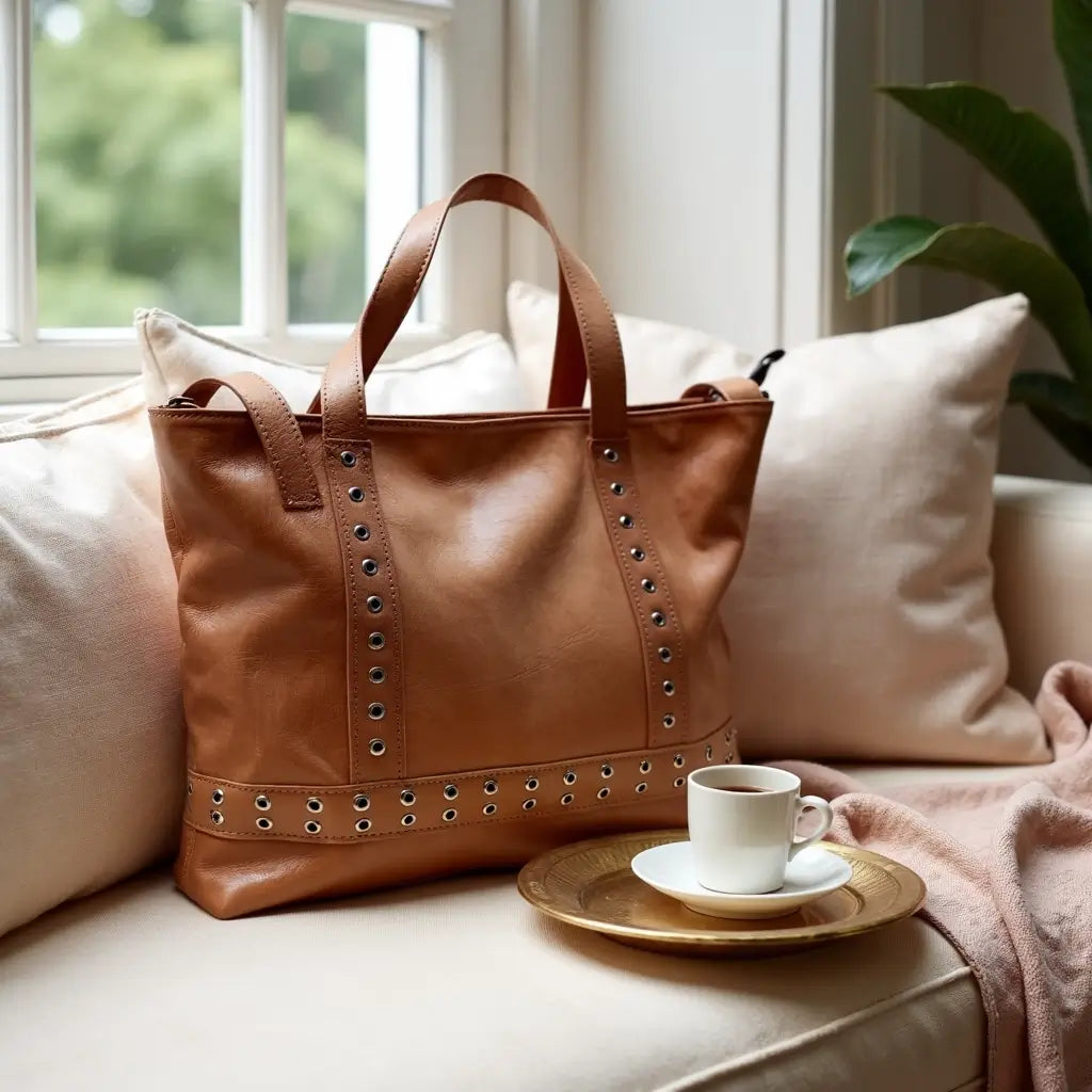Artisanal Tan Leather Shopper Bag with Studded Rivet Detail image 9