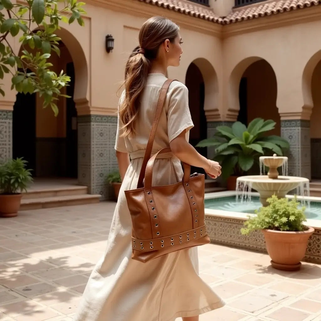 Artisanal Tan Leather Shopper Bag with Studded Rivet Detail image 2