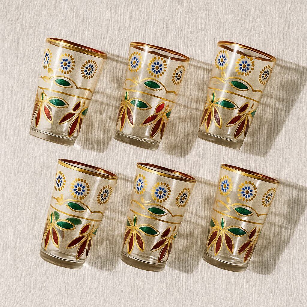 Hand-Painted Floral Tea Glasses Set of 6 – Gold Rim Moroccan Style image 3