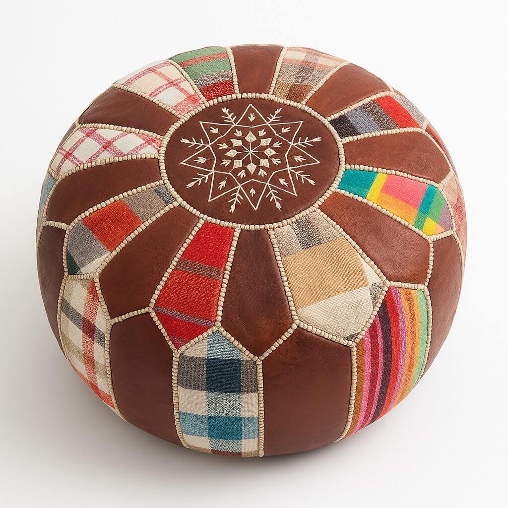 Handcrafted Leather Round Ottoman 21″ – Patchwork Floor Pouf image
