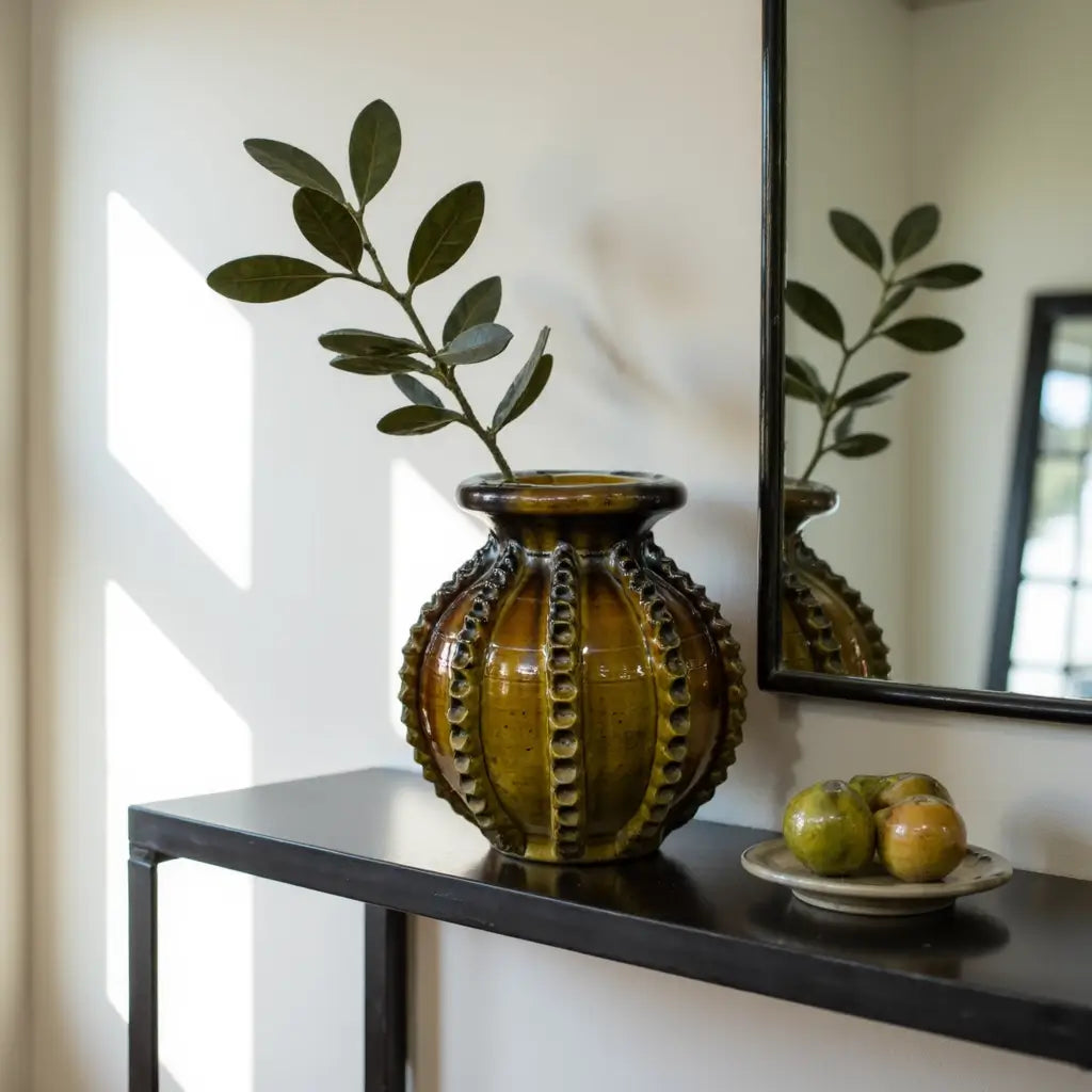 Traditional Ceramic Vase with Raised Patterns – Handmade Green Pottery 30cm image 6