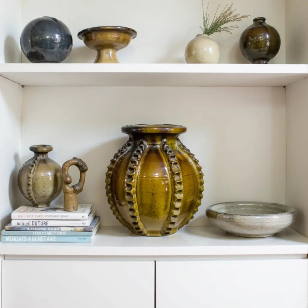 Traditional Ceramic Vase with Raised Patterns – Handmade Green Pottery 30cm image 5