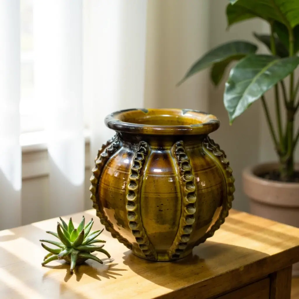 Traditional Ceramic Vase with Raised Patterns – Handmade Green Pottery 30cm image 10