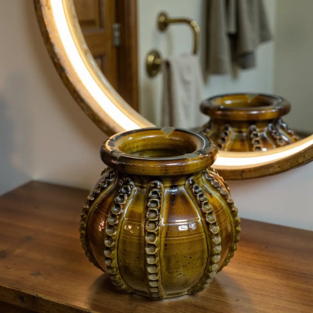 Traditional Ceramic Vase with Raised Patterns – Handmade Green Pottery 30cm image 4