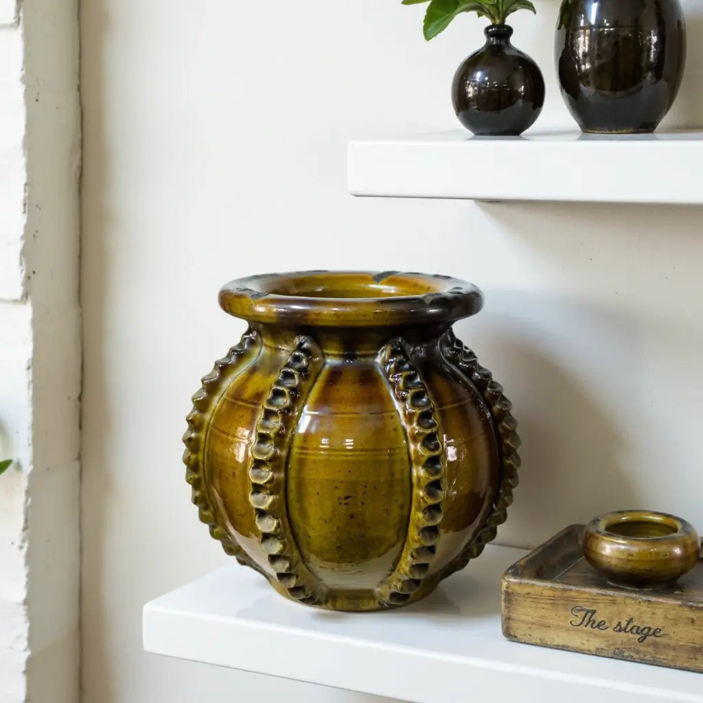 Traditional Ceramic Vase with Raised Patterns – Handmade Green Pottery 30cm image 8