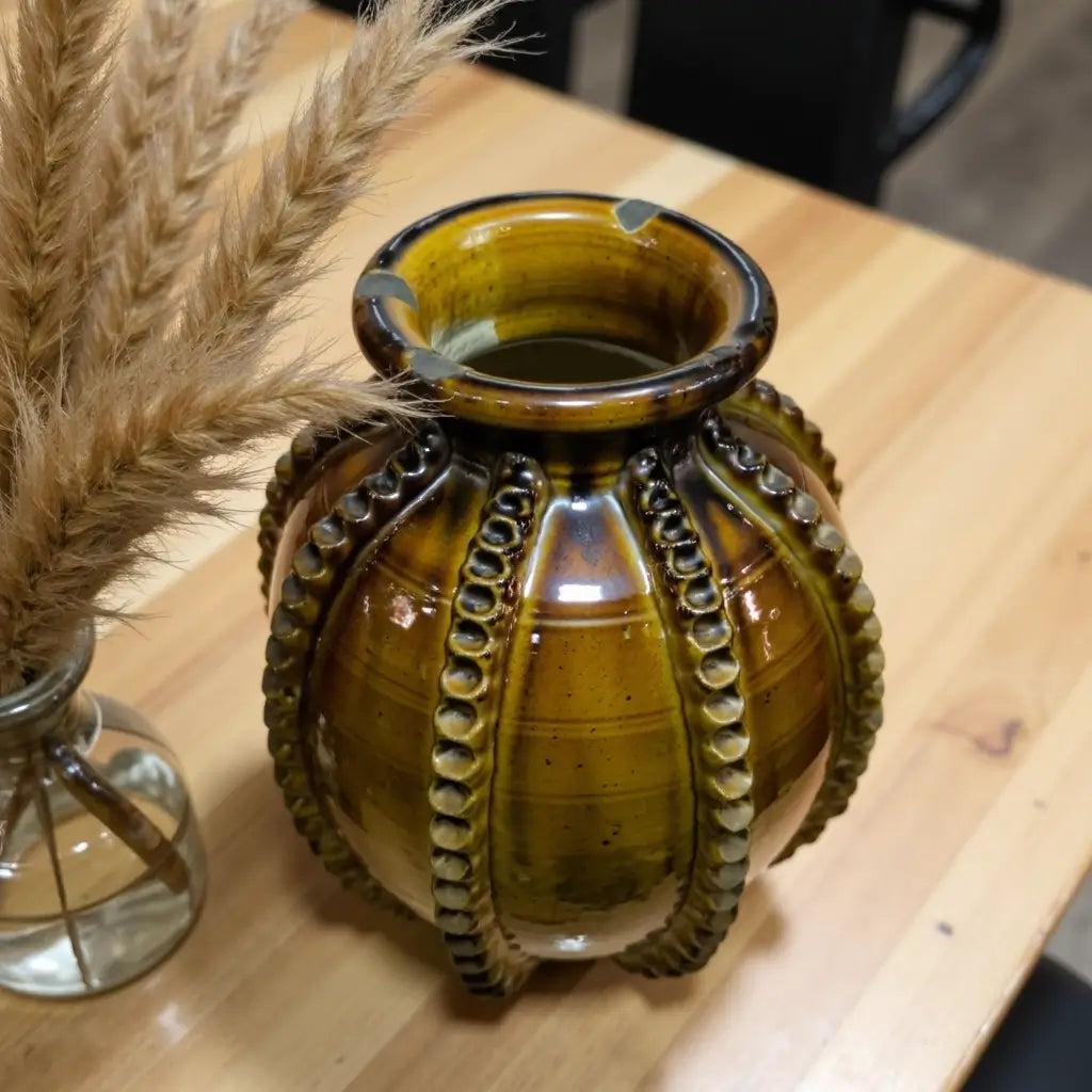 Traditional Ceramic Vase with Raised Patterns – Handmade Green Pottery 30cm image 2