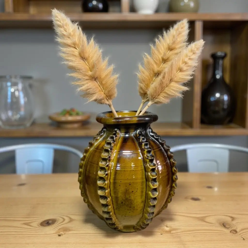 Traditional Ceramic Vase with Raised Patterns – Handmade Green Pottery 30cm image 2