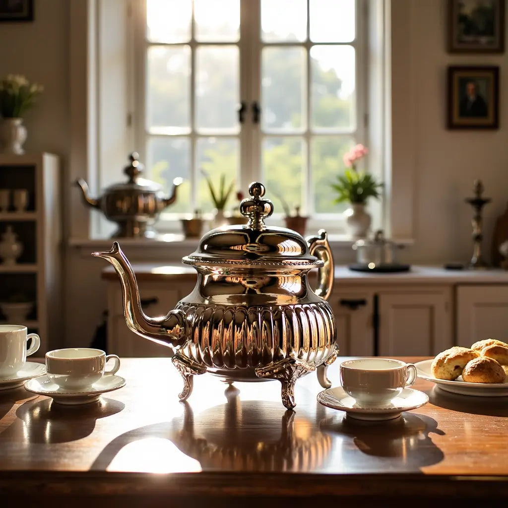 Handcrafted Ribbed Silver Teapot – Ornate Feet Design image 9
