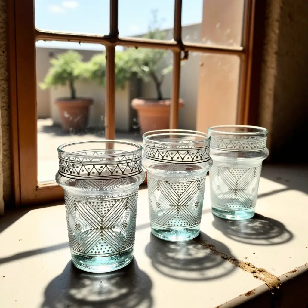 Hand-Painted Tea Glasses Set of 6 – Silver Geometric Pattern with Aqua Base image 6
