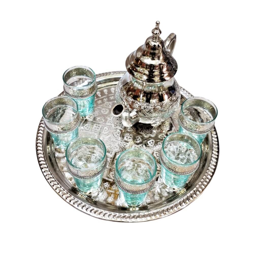 Silver Engraved Tea Set – 8-Piece Service with Turquoise Glass Holders image 7