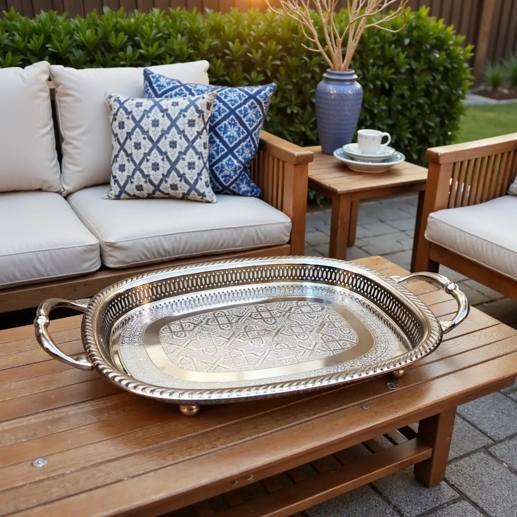 Hand-Engraved Oval Silver Serving Tray with Decorative Handles and Feet image 7