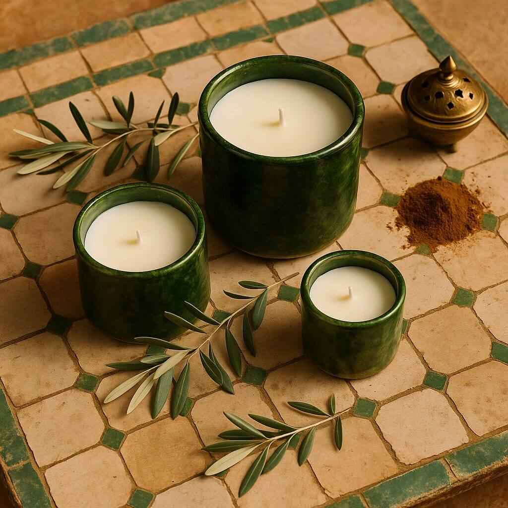 Artisanal Tamegroute Ceramic Candle – Green & Sahara Ochre image 10