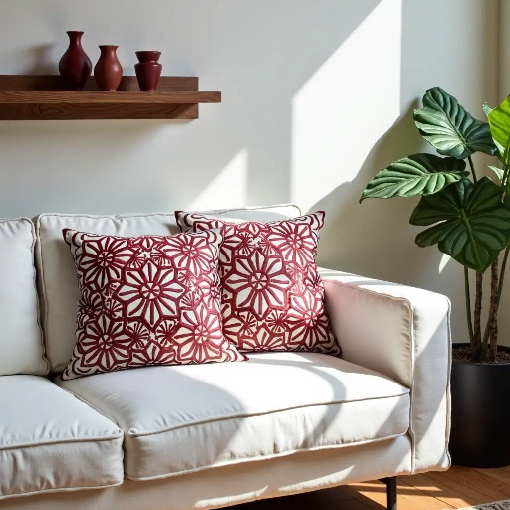 Red Floral Cotton Pillow Covers 17.4″ – Handcrafted Cushion Set of 2 image 7