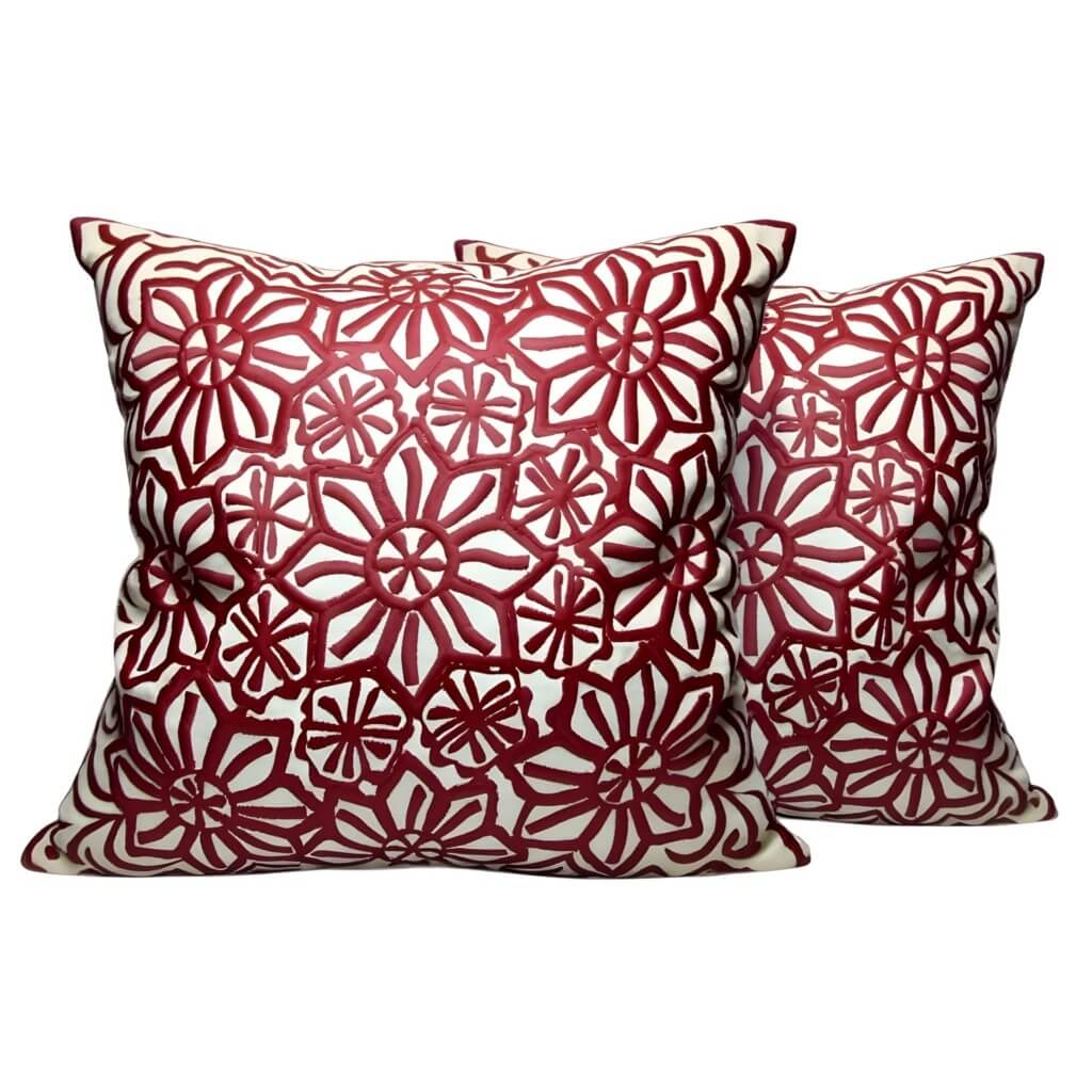 Red Floral Cotton Pillow Covers 17.4″ – Handcrafted Cushion Set of 2 image