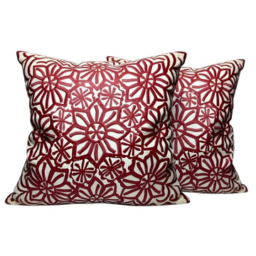 Red Floral Cotton Pillow Covers 17.4″ – Handcrafted Cushion Set of 2 image