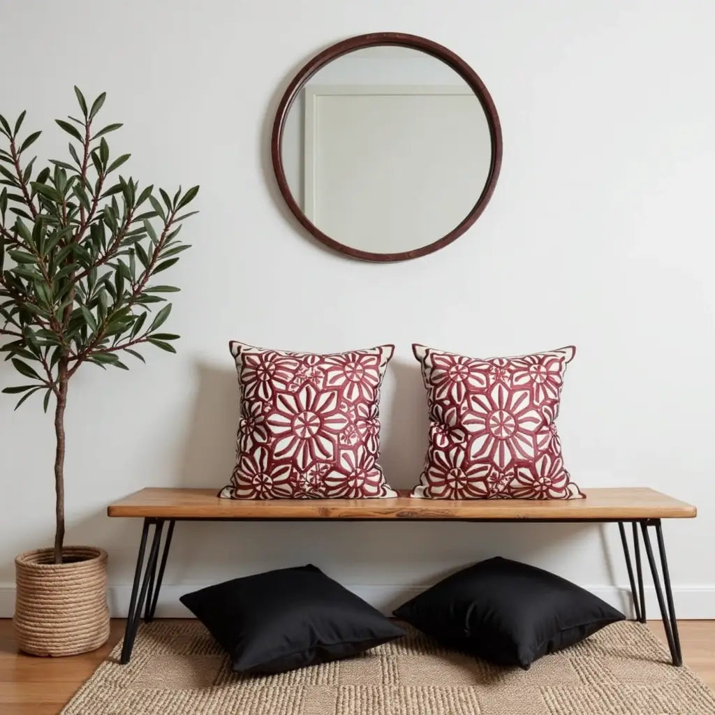 Red Floral Cotton Pillow Covers 17.4″ – Handcrafted Cushion Set of 2 image 2