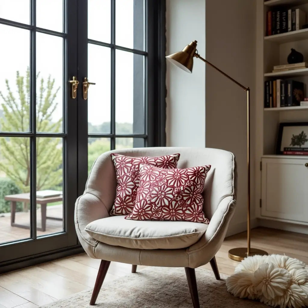 Red Floral Cotton Pillow Covers 17.4″ – Handcrafted Cushion Set of 2 image 3