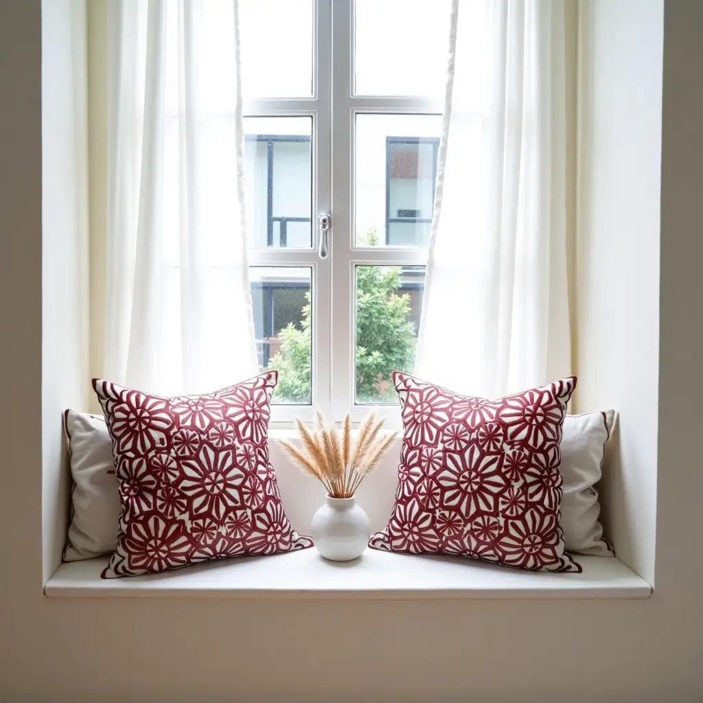 Red Floral Cotton Pillow Covers 17.4″ – Handcrafted Cushion Set of 2 image 4