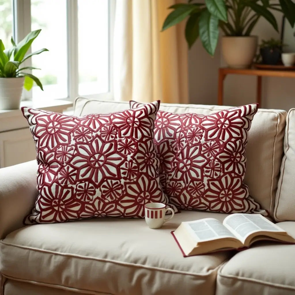 Red Floral Cotton Pillow Covers 17.4″ – Handcrafted Cushion Set of 2 image 5