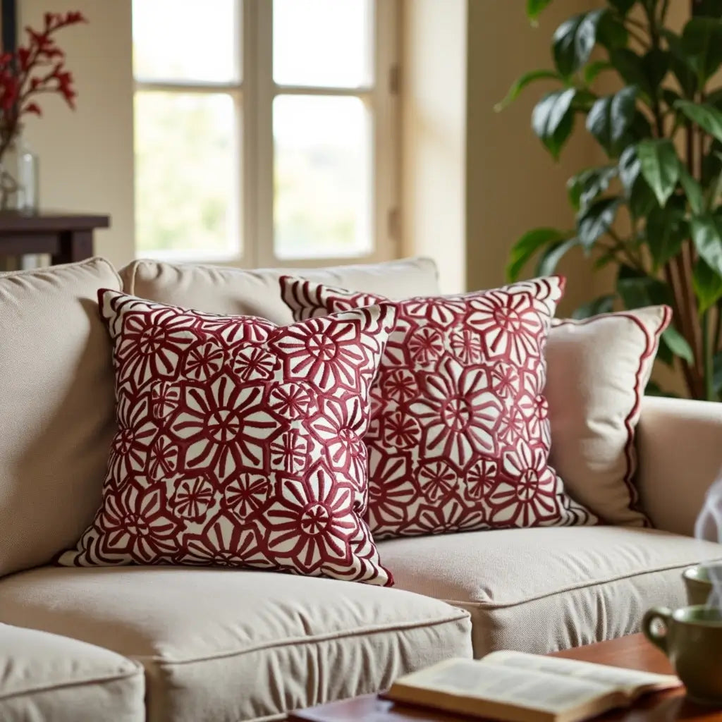 Red Floral Cotton Pillow Covers 17.4″ – Handcrafted Cushion Set of 2 image 6