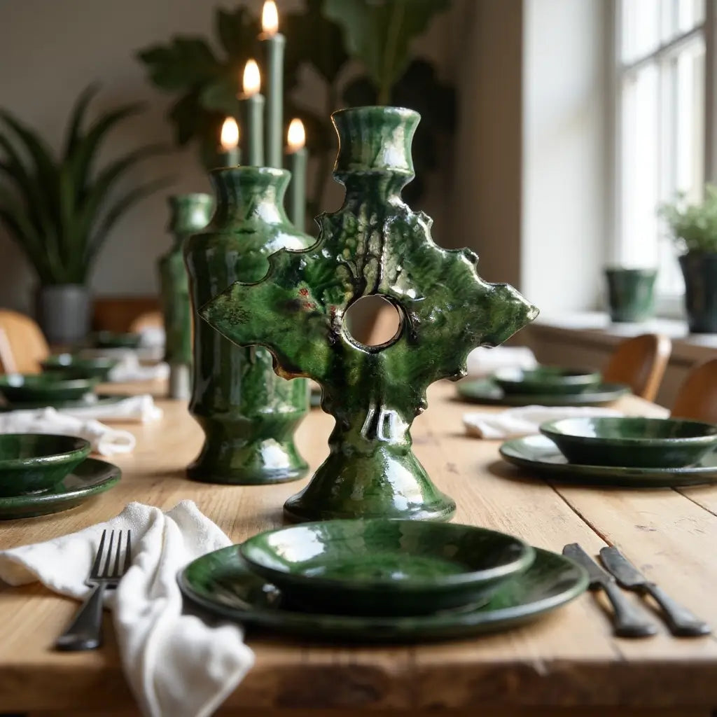 Artisanal Vintage Ceramic Candle Holders – Tamegroute Cross Design 11.8″ image 4