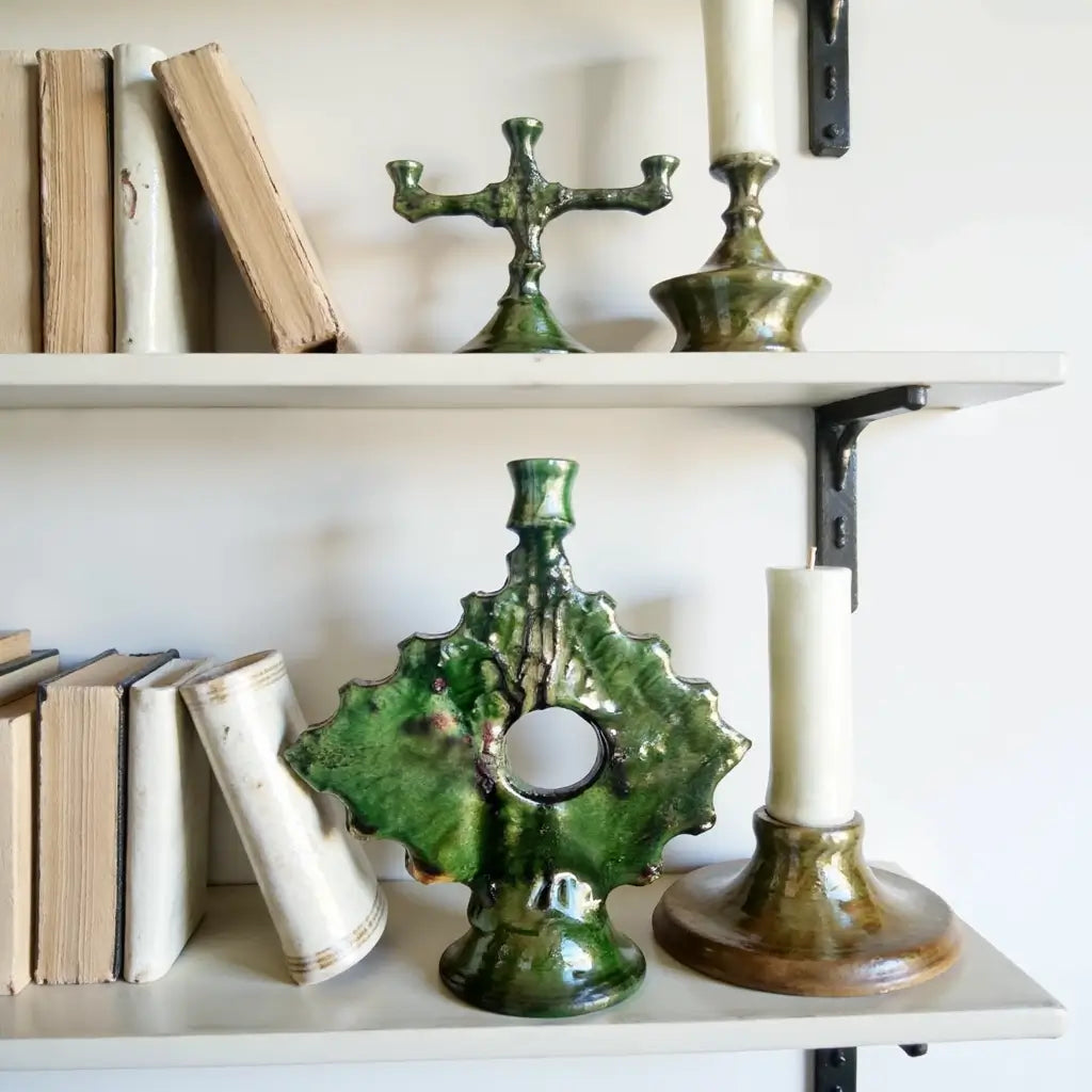 Artisanal Vintage Ceramic Candle Holders – Tamegroute Cross Design 11.8″ image 2