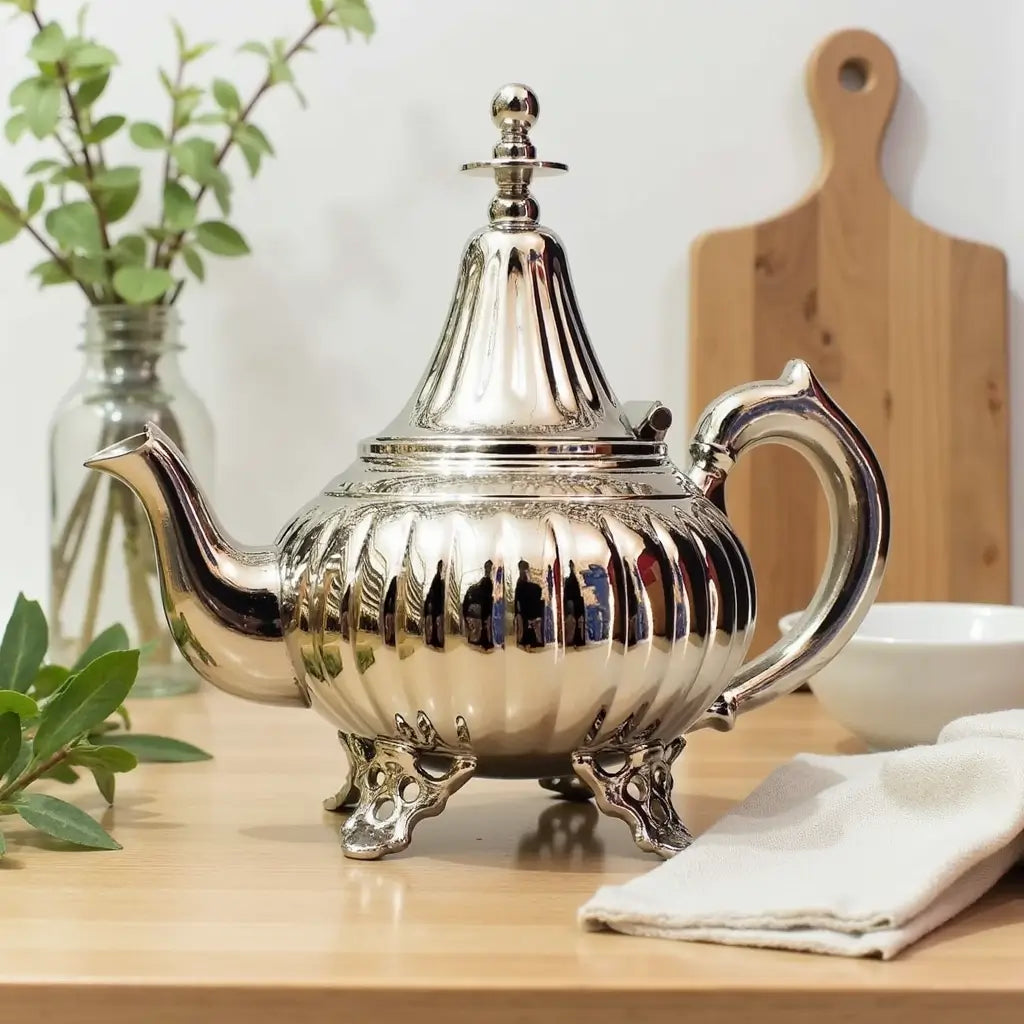 Ribbed Silver Teapot with Vertical Pattern – Footed Design image 3
