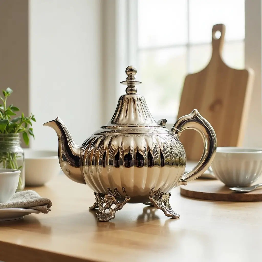 Ribbed Silver Teapot with Vertical Pattern – Footed Design image 2