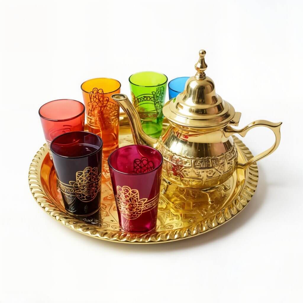 Brass Tea Set – Gold Engraved 8-Piece with Colorful Glasses image