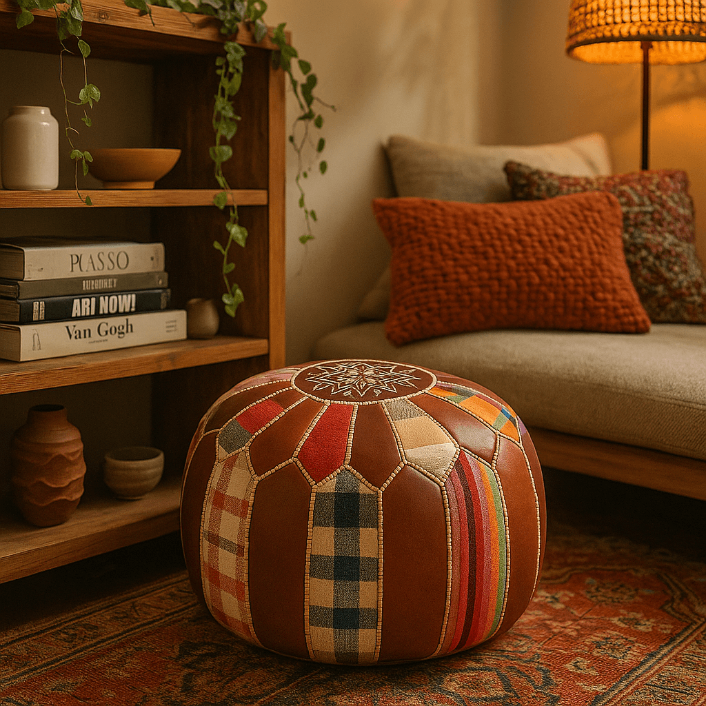 Handcrafted Leather Round Ottoman 21″ – Patchwork Floor Pouf image 7