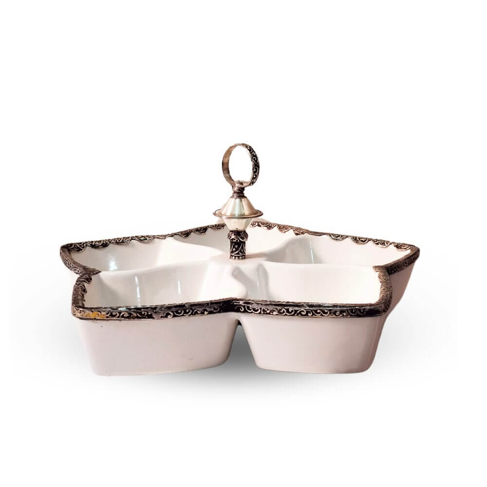White Ceramic Divided Plate with Silver Accents – 5-Compartment Serving Dish image 6