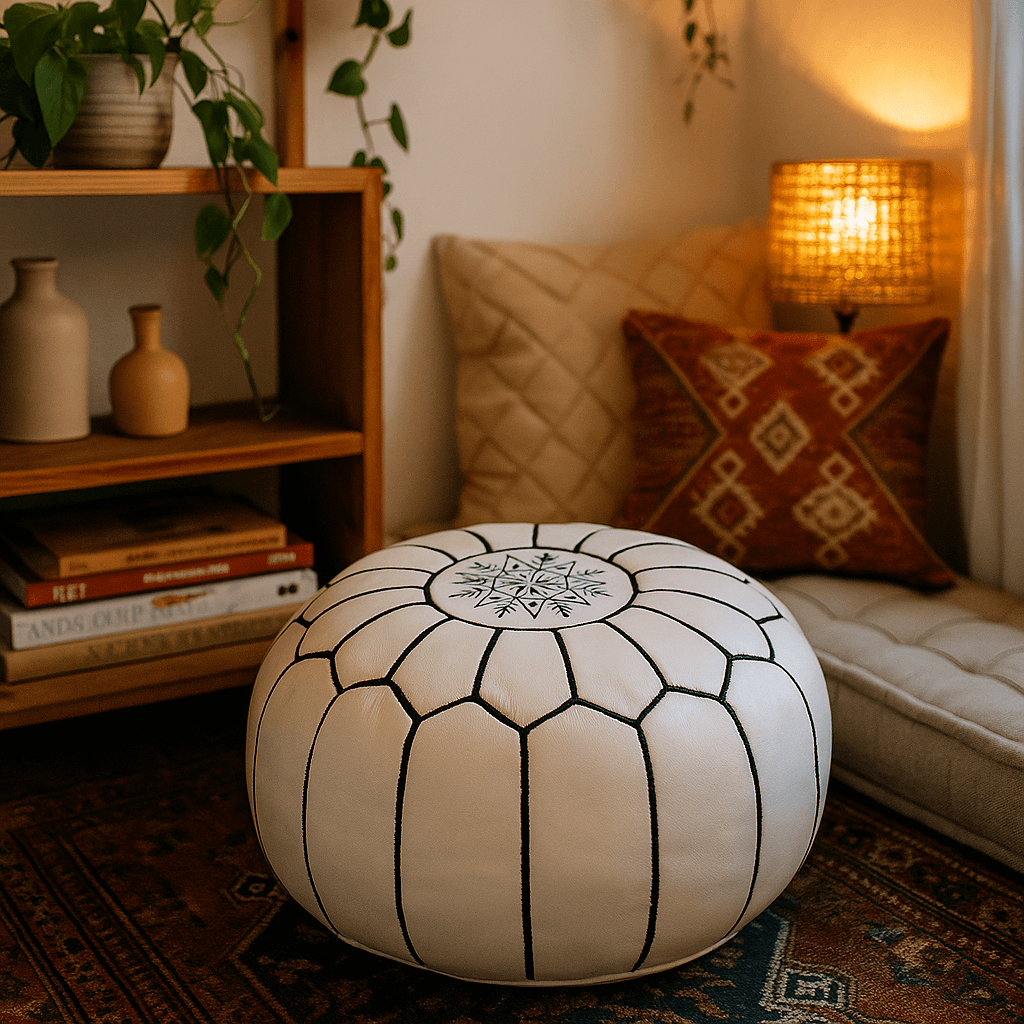 White Leather Floor Ottoman 21″ – Handcrafted Round Pouf with Geometric Stitc… image 5
