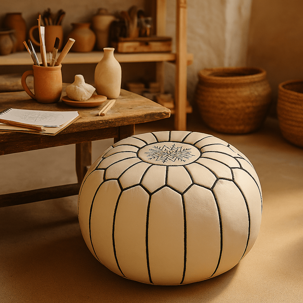 White Leather Floor Ottoman 21″ – Handcrafted Round Pouf with Geometric Stitc… image 3