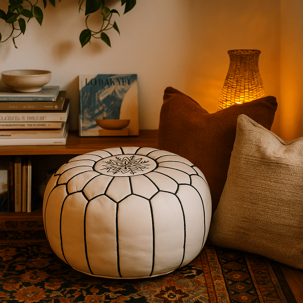 White Leather Floor Ottoman 21″ – Handcrafted Round Pouf with Geometric Stitc… image 6