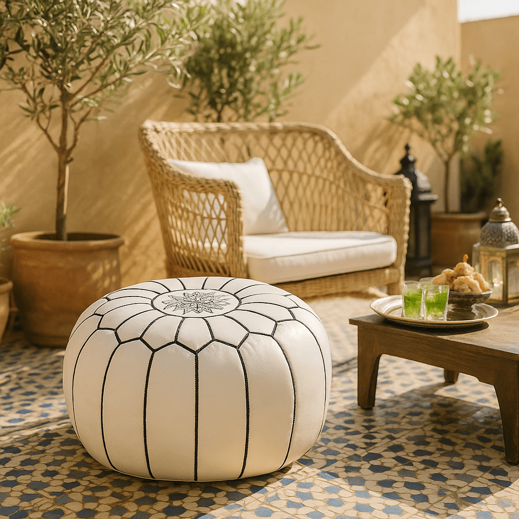 White Leather Floor Ottoman 21″ – Handcrafted Round Pouf with Geometric Stitc… image 4