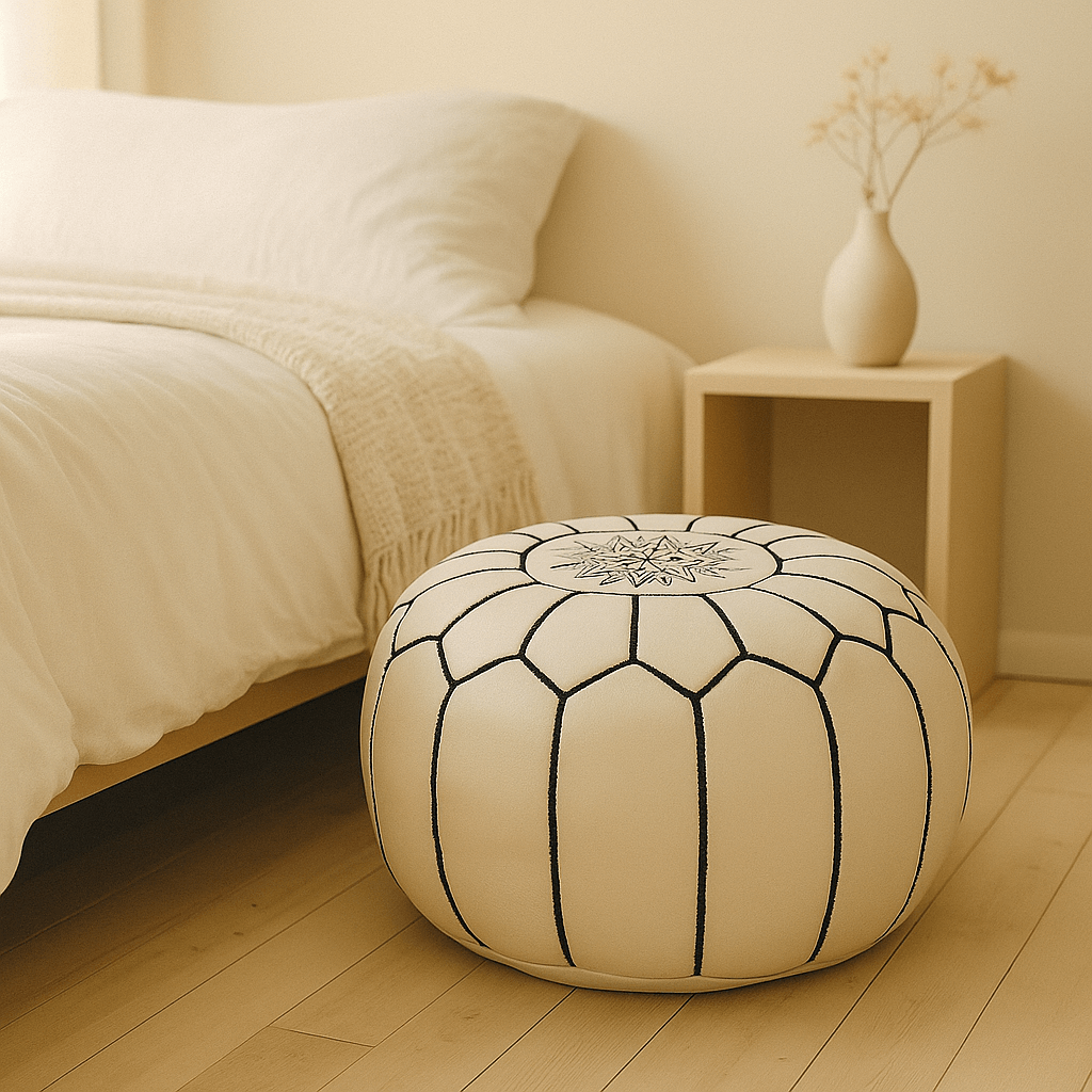 White Leather Floor Ottoman 21″ – Handcrafted Round Pouf with Geometric Stitc… image