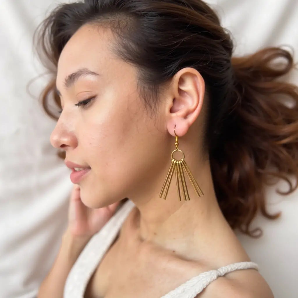 Handmade Brass Fringe Earrings – Gold Sunburst Stick Drop Design image 3