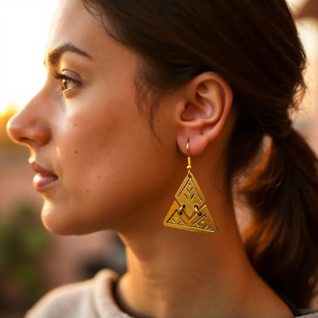 Handmade Brass Triangle Earrings – Gold Geometric Moroccan Design image 5