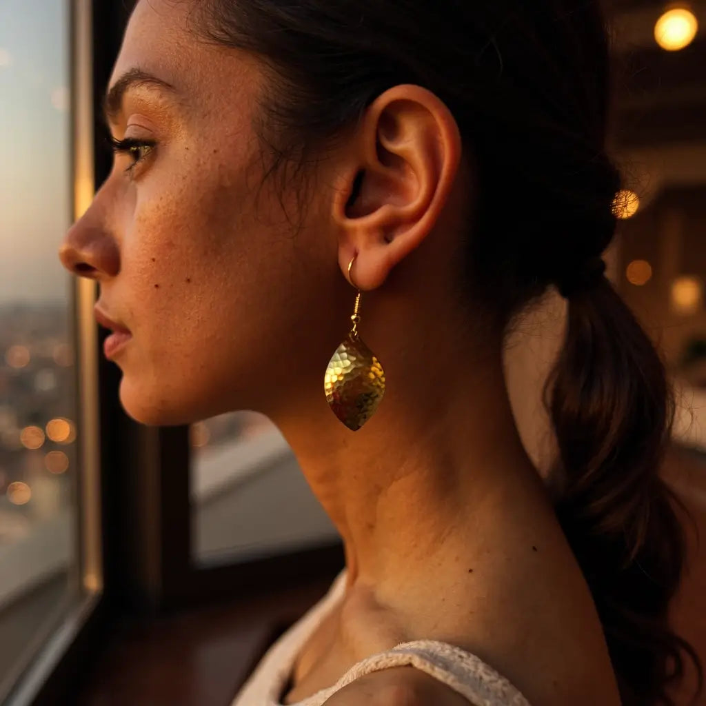 Handmade Brass Leaf Earrings – Hammered Gold Nature-Inspired Design image 6
