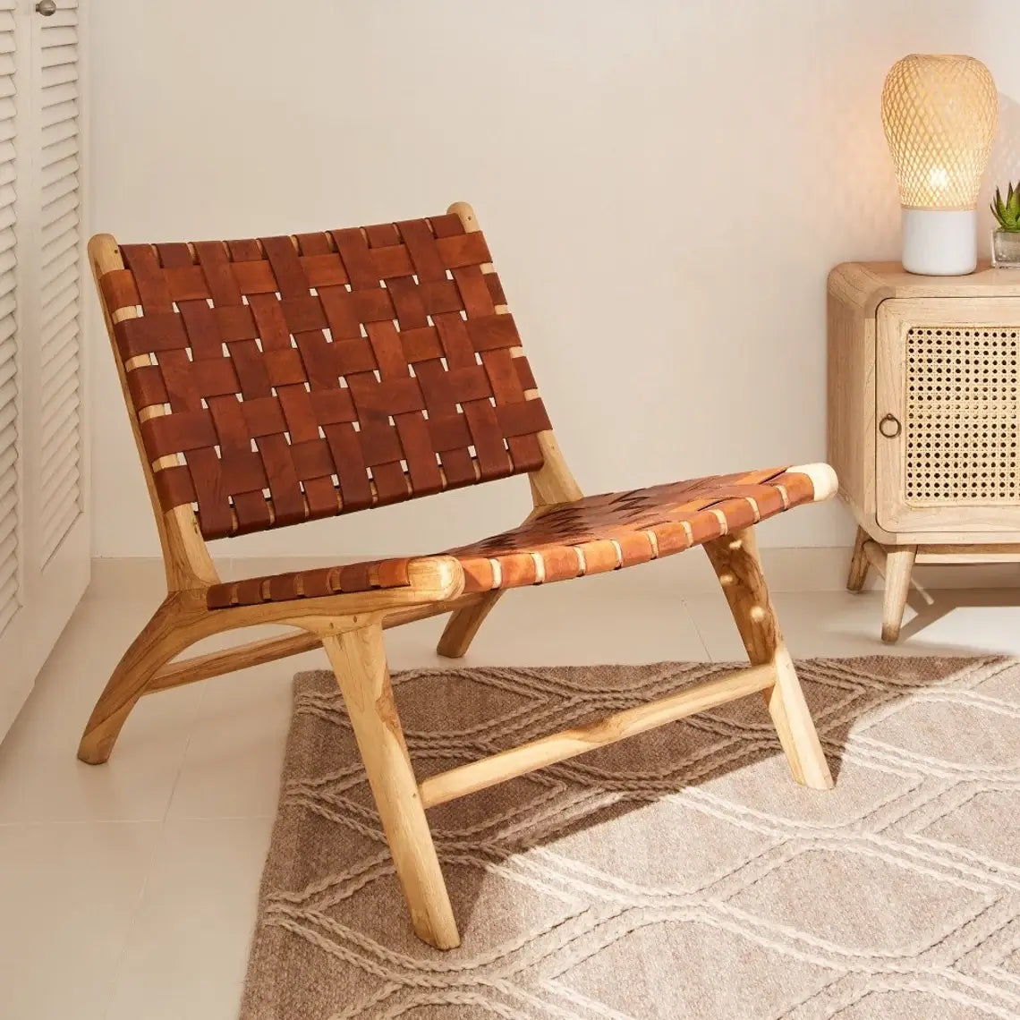 Handcrafted Leather Woven Lounge Chair – Mid-Century Modern Teak Frame image 13