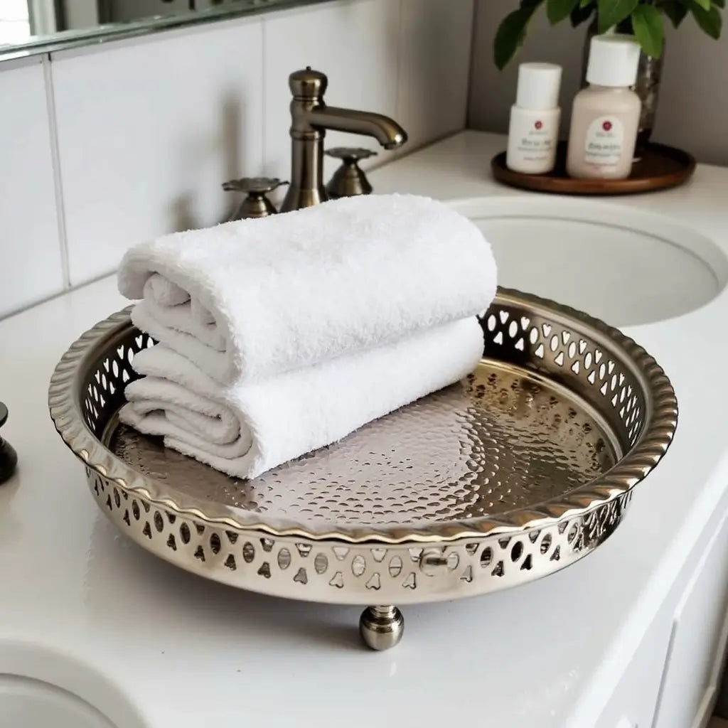 Hand Hammered Circle Tray with Feet – Traditional Silver-Plated Brass image 9