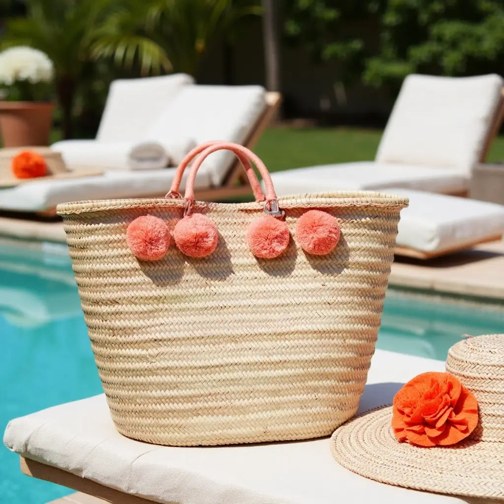 Pom Pom Straw Shopper Bag – Handwoven Beach Market Tote with Cotton Handles image 5