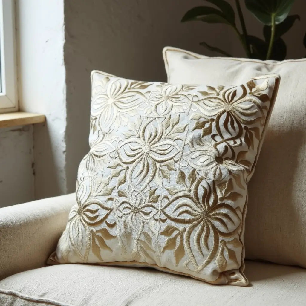 Beige Leather Pillow Covers with Floral Cutwork – Set of 2 (17.4″) image 4