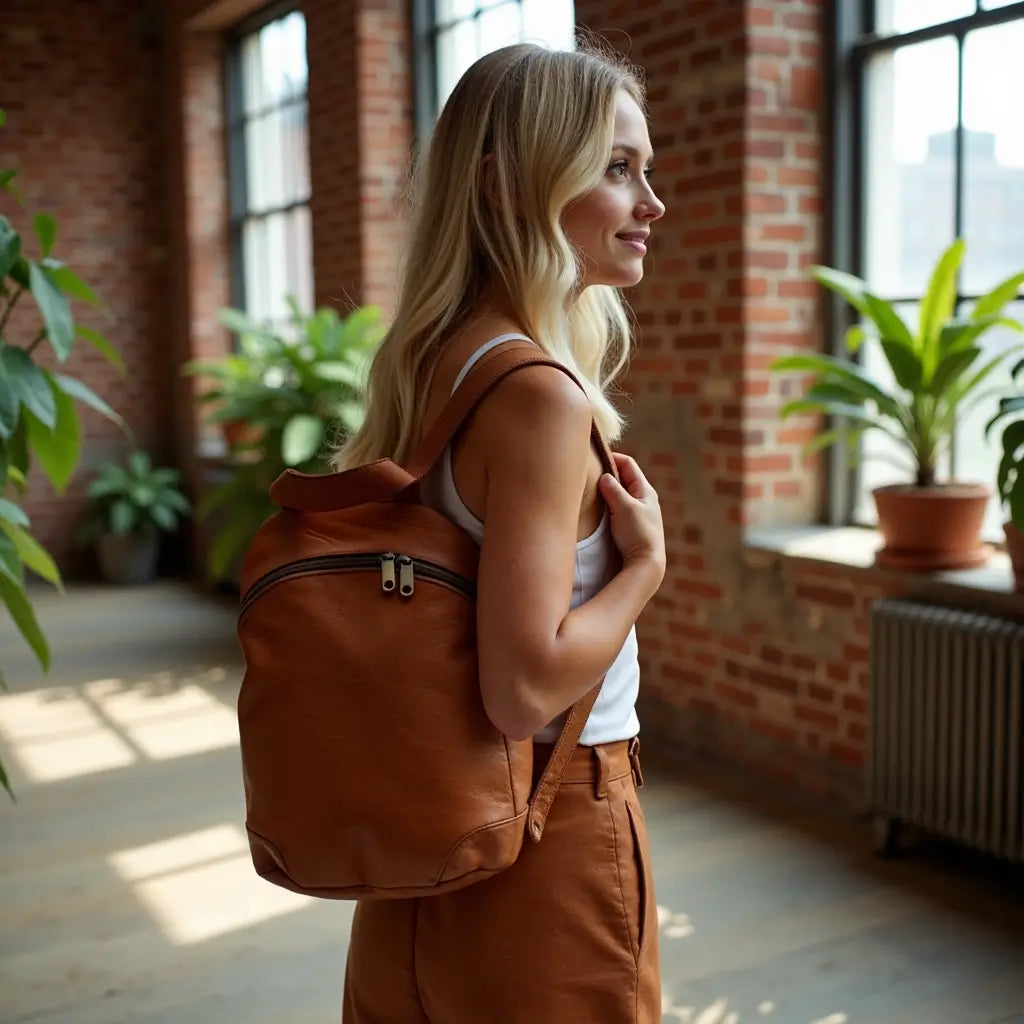 Brown Leather Backpack Purse – Handcrafted 15.7″ Laptop Bag image