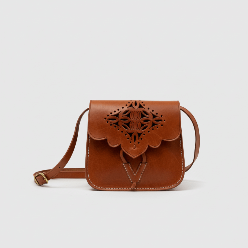 Brown Leather Shoulder Bag with Embossed Cutwork Design image