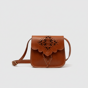 Brown Leather Shoulder Bag with Embossed Cutwork Design image