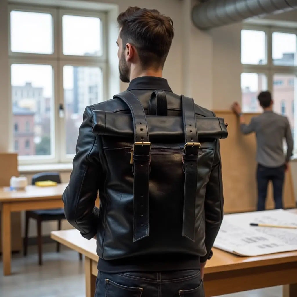 Urban Black Leather Backpack – Handcrafted Rolltop Design image 4