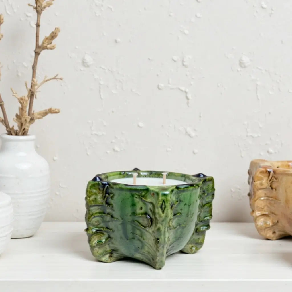 Tamegroute Green Ceramic Candle Bowl – Triple-Wick Statement Piece image